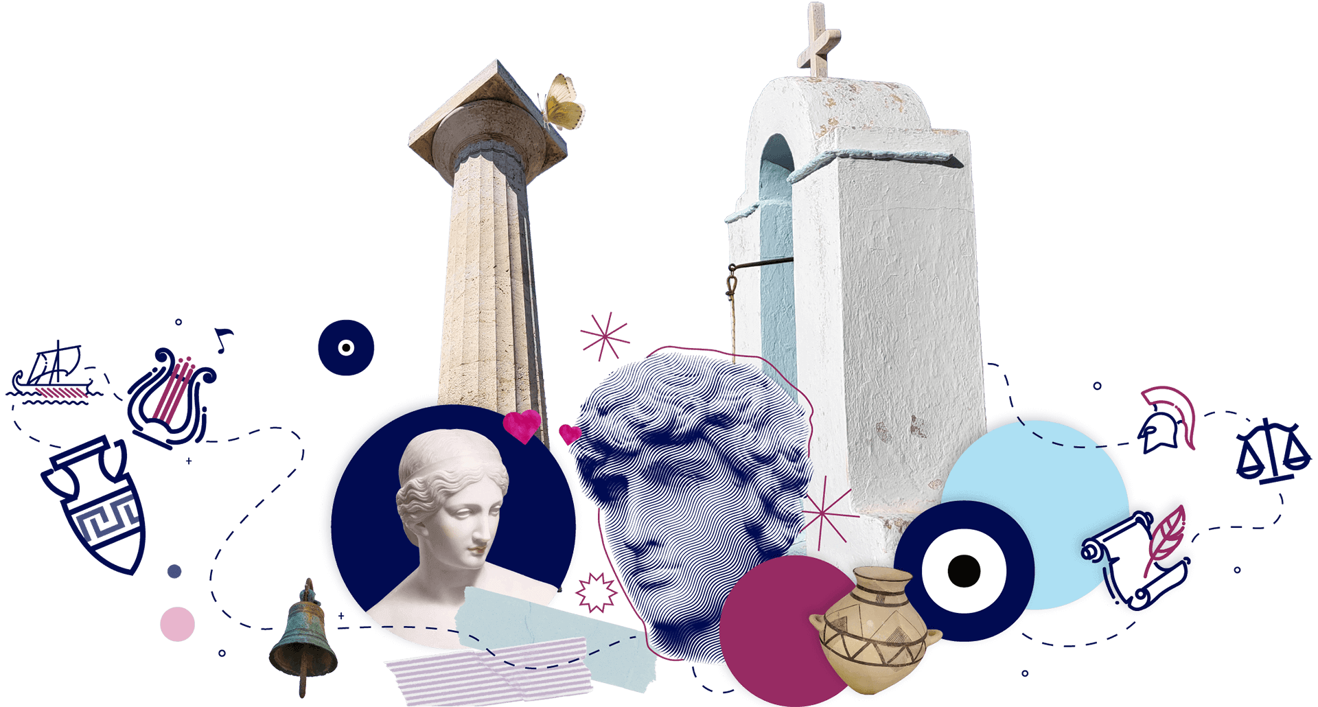 A collage of different images and illustrations showing ancient statues, columns, a church's small bell tower, ancient pottery, and other cute icons and colored circles.
