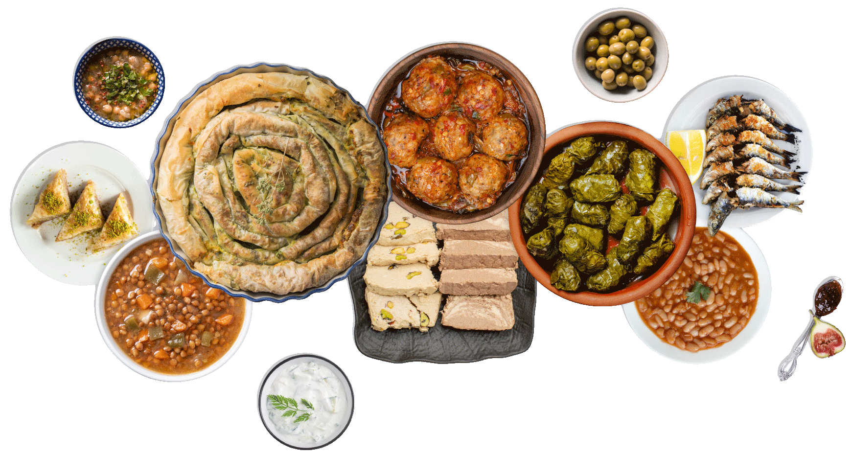 A selection of many different Greek dishes and desserts.