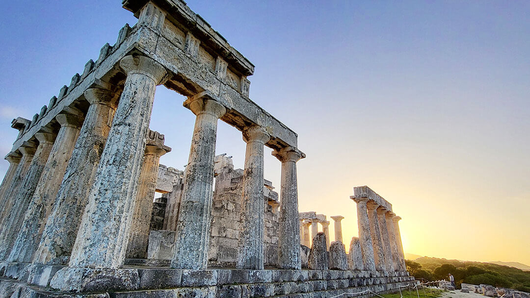 The temple of Aphaea in Aegina during sunset time.