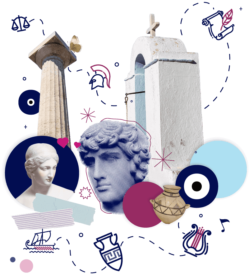 A collage of different images and illustrations showing ancient statues, columns, a church's small bell tower, ancient pottery, and other cute icons and colored circles.